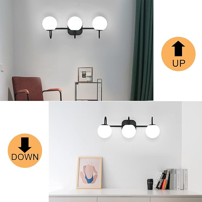 Modern Black Bathroom Vanity Light Fixtures 3 Lights Frame and Milk White Glass Globe Shade Modern Wall Sconce Lighting Bath Vanity Lights Bar Over Mirror (Exclude G9 Bulb)