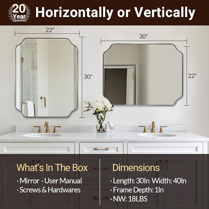 22"x30" Brushed Nickel Scalloped Mirrors for Bathroom Sink | Rust-Proof Stainless Steel Frame, Unique Notched Corners, Anti-Corrosion Silver-Backed Glass, Modern Bathroom Wall Decor