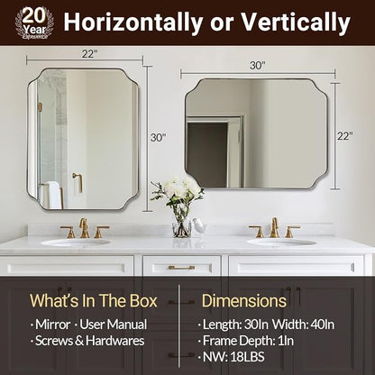 22"x30" Brushed Nickel Scalloped Mirrors for Bathroom Sink | Rust-Proof Stainless Steel Frame, Unique Notched Corners, Anti-Corrosion Silver-Backed Glass, Modern Bathroom Wall Decor