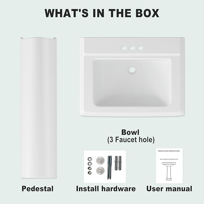 Bathroom Pedestal Sink 26 X 20 Inch | Ceramic Basin with Backsplash, 3 Faucet Holes (4 Inch Centerset), Space-Saving Design for Small Bathrooms