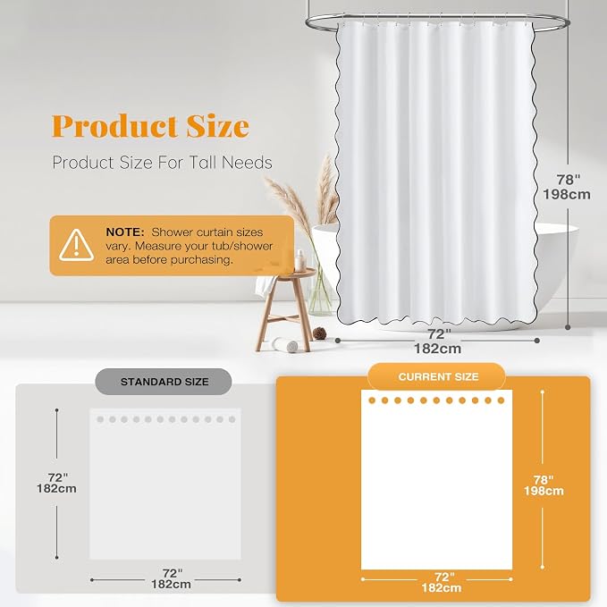 BTTN 72x78 Boho Scalloped Linen Textured Cloth Shower Curtain Set, White | Long Size, 230GSM Waterproof Polyester, Heavy Duty Fabric, 12 Plastic Hooks, Elegant Modern Farmhouse Style, Machine Washable
