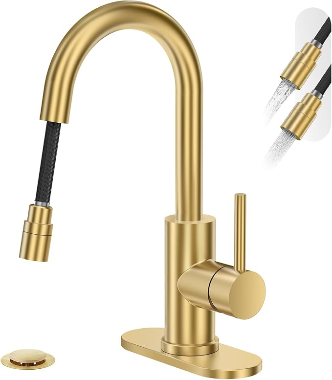 High Arc Pull-Down Bathroom Faucet, Brushed Gold Single Handle with Pull Out Sprayer & Pop-Up Drain, 1 or 3 Hole 2 Model RV Bar Laundry Utility Sink Faucet with Deck Plate, WE08CL-ZY-BG