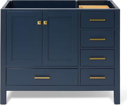 ARIEL Cambridge 42-inch Bathroom Vanity Base Cabinet,Solid Wood, 2 Soft Closing Doors, 5 Dovetail Drawers, Midnight Blue
