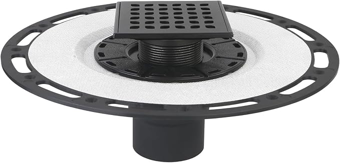 4-Inch Square Shower Drain Kit with Bonding Flange, Matte Black | Removable 304 stainless steel grate with hair strainer; fits 2- and 3-inch pipes for tiled shower floors and wet areas