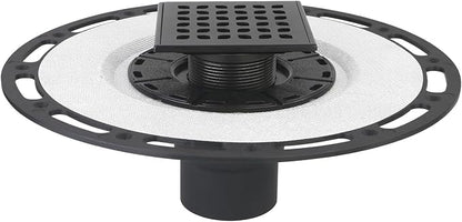 4-Inch Square Shower Drain Kit with Bonding Flange, Matte Black | Removable 304 stainless steel grate with hair strainer; fits 2- and 3-inch pipes for tiled shower floors and wet areas