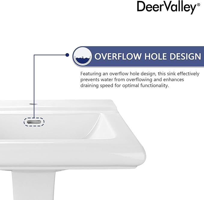 DeerValley Apex 26x20 Inch White Pedestal Sink, Ceramic Pedestal Bathroom Sink with Single Faucet Hole and Overflow, DV-1P52101