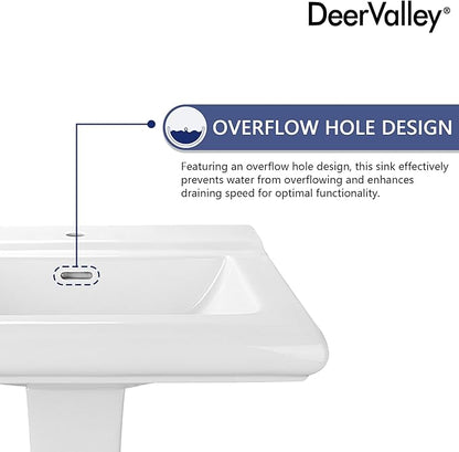 DeerValley Apex 26x20 Inch White Pedestal Sink, Ceramic Pedestal Bathroom Sink with Single Faucet Hole and Overflow, DV-1P52101