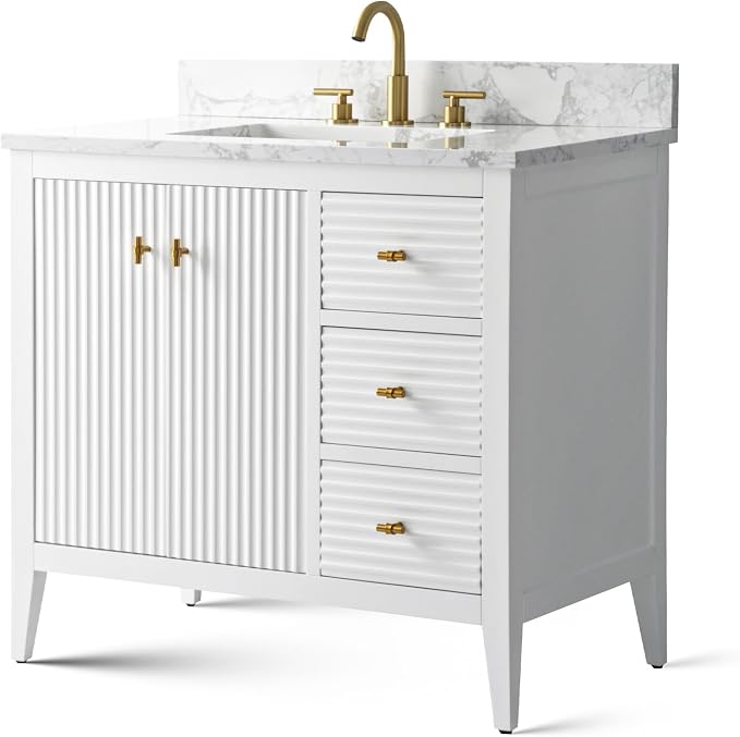 Vanity Art 36 inch Bathroom Vanity with Single Sink & Ceramic Top, Vanity Cabinet with Soft-Closing Door, Solid Wood Frame, Linear Pattern, White, Golden Brushed Handware VA9136-W-GB