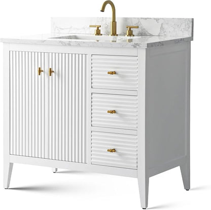 Vanity Art 36 inch Bathroom Vanity with Single Sink & Ceramic Top, Vanity Cabinet with Soft-Closing Door, Solid Wood Frame, Linear Pattern, White, Golden Brushed Handware VA9136-W-GB
