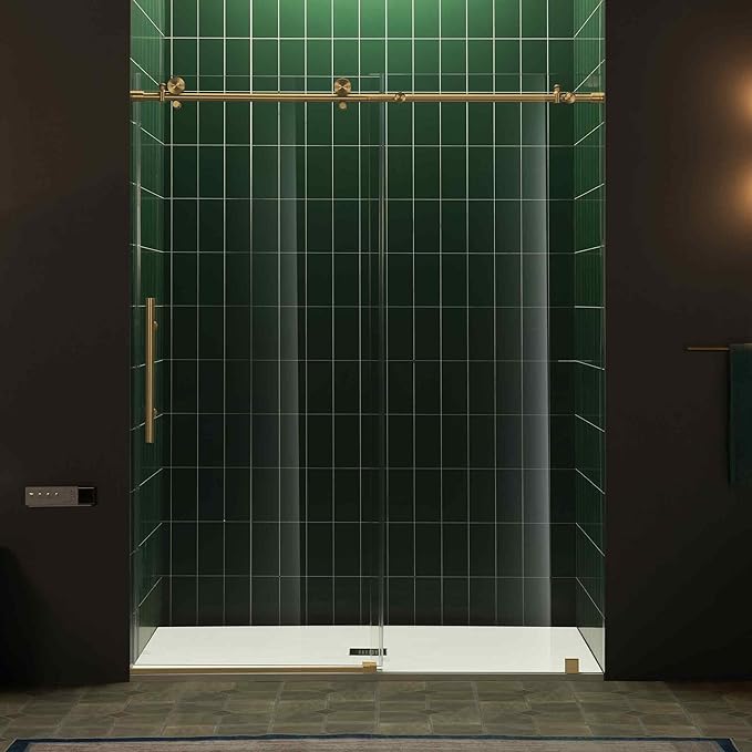 Woodbridge 56-60" W x 80" H Frameless Single Sliding Shower Door with Tempered Glass & Explosion Proof Film in Brushed Gold Finish