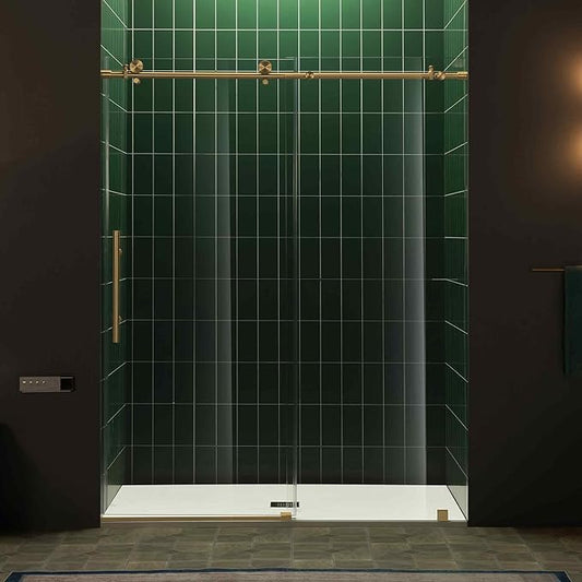 Woodbridge 56-60" W x 80" H Frameless Single Sliding Shower Door with Tempered Glass & Explosion Proof Film in Brushed Gold Finish