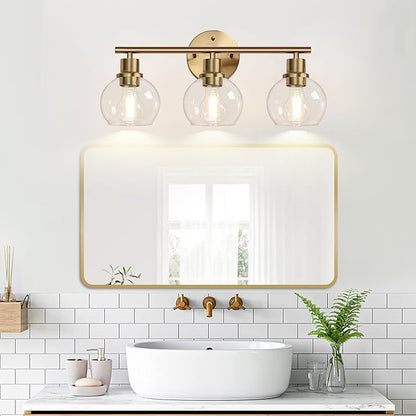 3-Light Bathroom Light Fixtures, Brushed Brass Bathroom Lights Over Mirror with Clear Glass Globe Shade, Vanity Lights for Bathroom Kitchen Living Room Hallway Cabinet Bedroom Porch