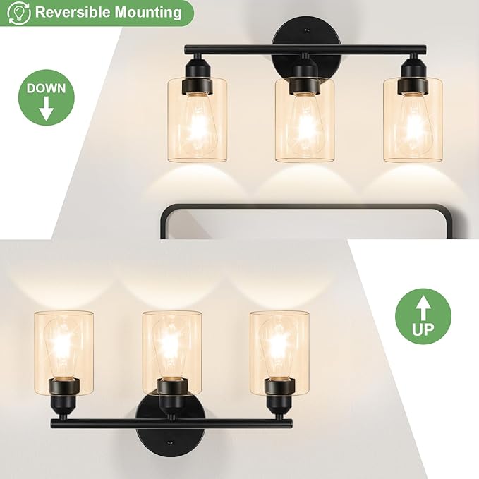 3-Light Bathroom Vanity Light Fixture, Modern Wall Lamp for Mirror with Clear Amber Glass Shade and Black Finish