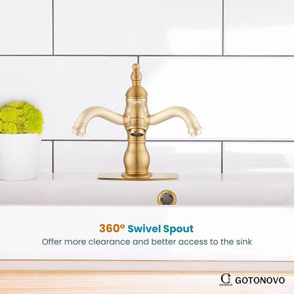 gotonovo Bathroom Faucet 1 Hole Vintage,Antique Brass,5.9” Spout Reach | Bathroom Sink Faucet for 1 or 3 Hole Single Handle,Deck Plate,360° Swivel Spout,Pop Up Drain,cUPC Supply Hoses,for Vanity RV