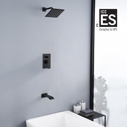 SUMERAIN Matte Black Tub and Shower Faucet Set | Anti-scalding Pressure Balance Valve, Waterfall Tub Spout, 8 Inch Rain Shower Head, With Non-return Check Valves