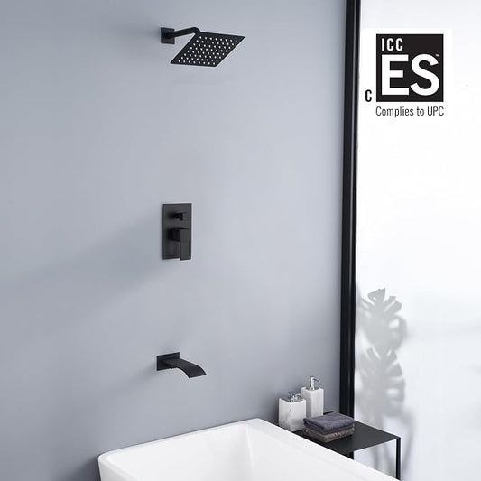 SUMERAIN Matte Black Tub and Shower Faucet Set | Anti-scalding Pressure Balance Valve, Waterfall Tub Spout, 8 Inch Rain Shower Head, With Non-return Check Valves