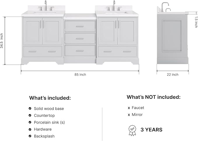ARIEL Stafford 84-inch Bathroom Vanity with Sink,Solid Wood, 1.5in Carrara White Quartz Countertop & Backsplash, Double Rectangular Porcelain Sink, 4 Soft Closing Doors, 5 Dovetail Drawers, Grey