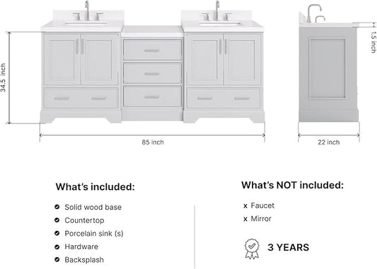 ARIEL Stafford 84-inch Bathroom Vanity with Sink,Solid Wood, 1.5in Carrara White Quartz Countertop & Backsplash, Double Rectangular Porcelain Sink, 4 Soft Closing Doors, 5 Dovetail Drawers, Grey
