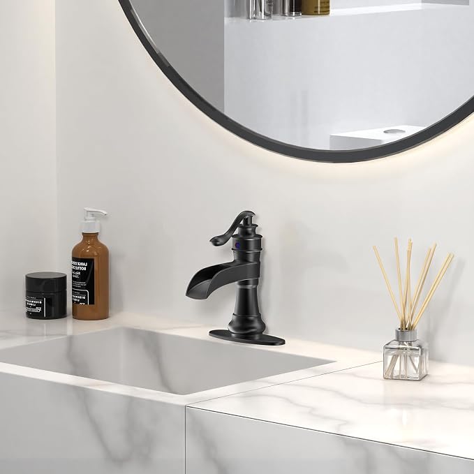 Matte Black Bathroom Faucet Waterfall Single Hole Bathroom Sink Faucet | Brass Single Handle Farmhouse RV Lavatory Vanity Faucet with Overflow Pop Up Drain by BATHLAVISH