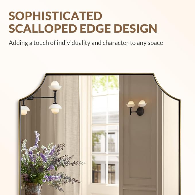 Scalloped 32"x40" Brushed Gold Wall Mirror | Rustproof Stainless Steel Frame, Elegant Scalloped Edges, Horizontal & Vertical Mount, Antique Luxury Bathroom Decor