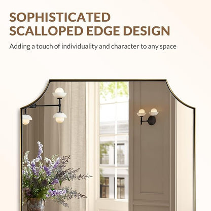28"x36" Gold Mirror, Brushed Brass Bathroom Vanity Mirror, Scalloped Wall Mirror with Rust-Proof Stainless Steel Metal Thin Frame Deep 1", Hangs Vertically or Horizontally