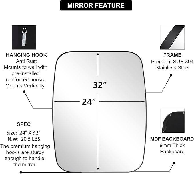 Oval Bathroom Mirror, 24x32’’ Matte Black Metal Frame Oblong Mirror for Bathroom, Modern Black Oval Bathroom Mirror for Over Sink, Hangs Horizontal or Vertical