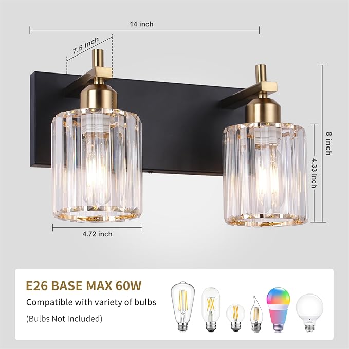 Black and Gold Bathroom Vanity Lights, 2-Light Crystal Bathroom Light Fixtures Over Mirror, 14 Inch Modern Farmhouse Vanity Light, Brass Gold Wall Sconces for Bath Mirror Kitchen Hallway Cabinet