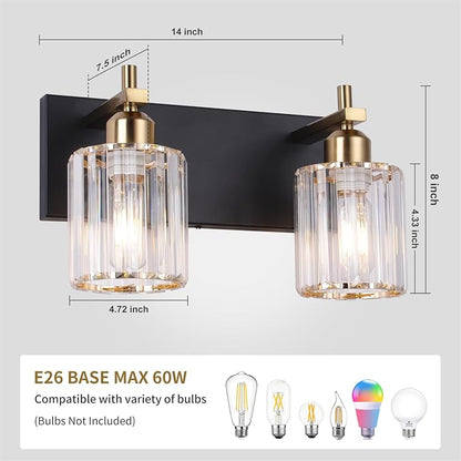 Black and Gold Bathroom Vanity Lights, 2-Light Crystal Bathroom Light Fixtures Over Mirror, 14 Inch Modern Farmhouse Vanity Light, Brass Gold Wall Sconces for Bath Mirror Kitchen Hallway Cabinet