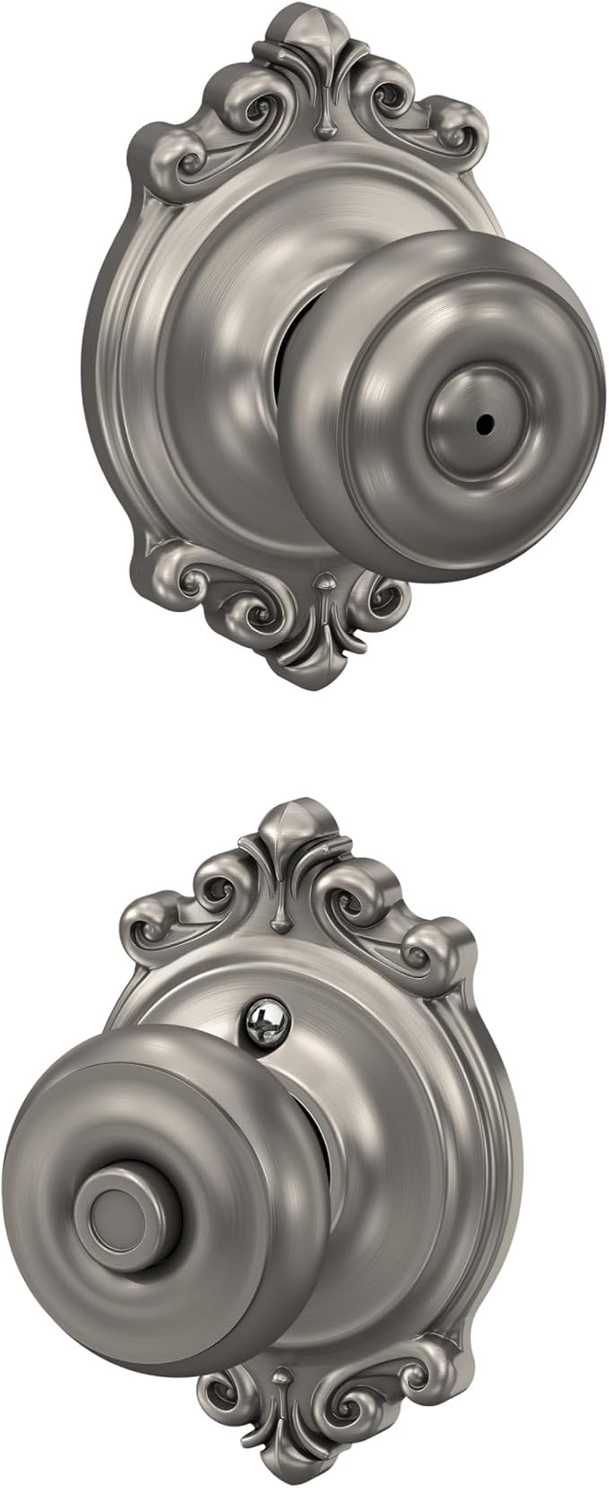 Schlage F40 GEO 619 BRK Georgian Door Knob with Brookshire Trim, Bed & Bath Privacy Lock, Satin Nickel