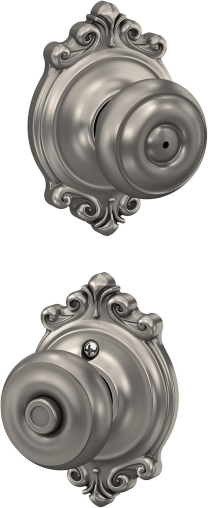 Schlage F40 GEO 619 BRK Georgian Door Knob with Brookshire Trim, Bed & Bath Privacy Lock, Satin Nickel