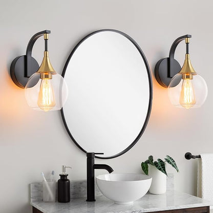 Modern Wall Sconce, 1-Light Black and Gold Bathroom Vanity Lights | with Clear Glass Shade, Globe Wall Mounted Light Fixture for Bathroom,Living Room, Hallway, Bedroom