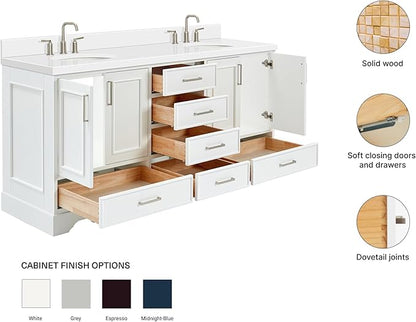 ARIEL Stafford 72-inch Bathroom Vanity with Sink,Solid Wood, 1.5-inch Pure White Quartz Countertop & Backsplash, Double Oval Porcelain Sink, 4 Soft Closing Doors, 6 Dovetail Drawers, White