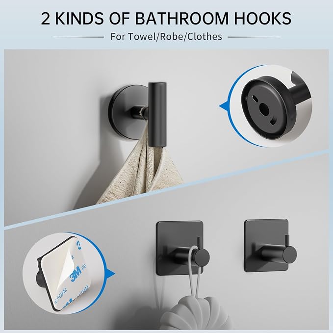 Matte Black Bathroom Hardware Set, 5 Pieces Bathroom Accessories Set,Stainless Steel 16 Inch Bath Towel Bar Set Wall Mounted,Robe Towel Hooks, Toilet Paper Holder,Towel Racks for Bathroom SP-60008-N