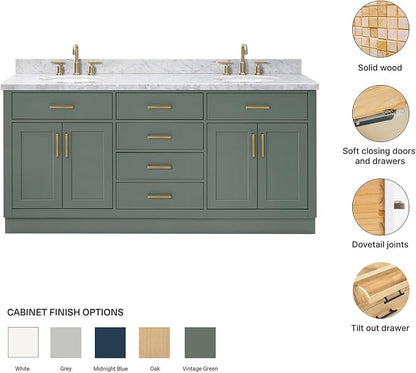 ARIEL Hepburn 72-inch Bathroom Vanity with Sink,Solid Wood, 1.5-inch Italian Carrara Marble Countertop, Double Oval Porcelain Sink, 4 Soft Closing Doors, 6 Dovetail Drawers, Vintage Green