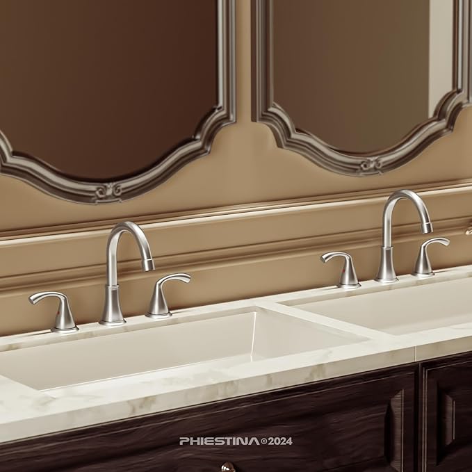 Phiestina 8 Inch Brushed Nickel Widespread Bathroom Sink Faucet, 2 Handle 3 Hole Bathroom Faucet with Metal Pop up Drain and Water Supply Lines, WFJC180-BN