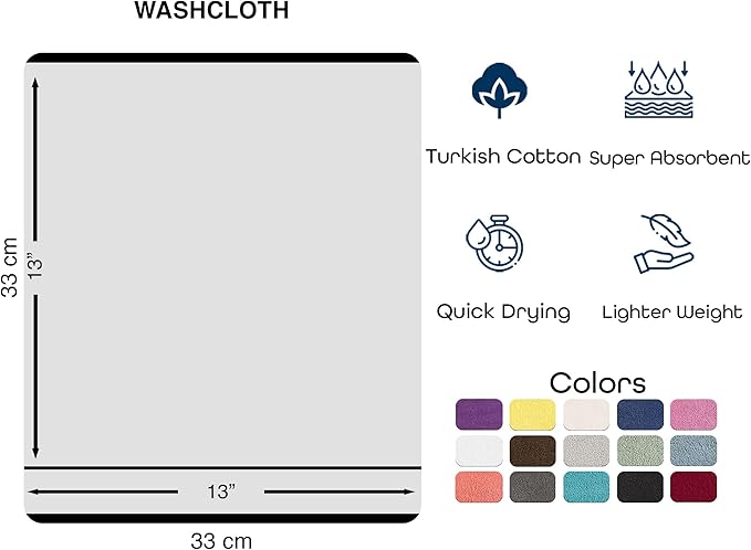 Hawmam Linen Luxury Cotton Washcloths 13x13 Inch - Large Hotel Spa Bathroom Face Towel | 12 Pack | Grey