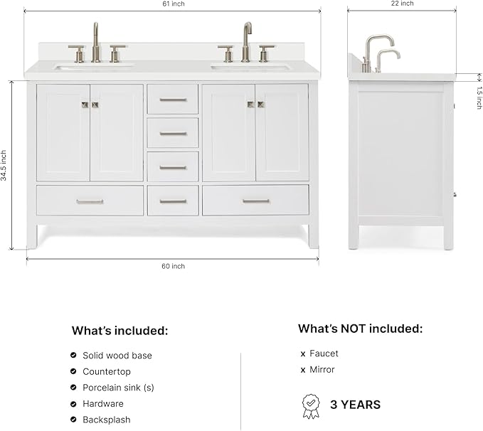 DKB Beckford 60" White Double Bathroom Vanity with Sink, 1.5" Pure White Quartz Countertop, Rectangular Undermount Sinks, 4 Soft Closing Doors, 6 Full Extension Dovetail Drawers