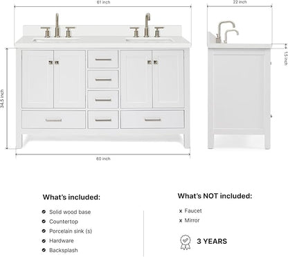 ARIEL Cambridge 60-inch Bathroom Vanity with Sink,Solid Wood, 1.5-inch Pure White Quartz Countertop & Backsplash, Double Rectangular Porcelain Sink, 4 Soft Closing Doors, 6 Dovetail Drawers, White