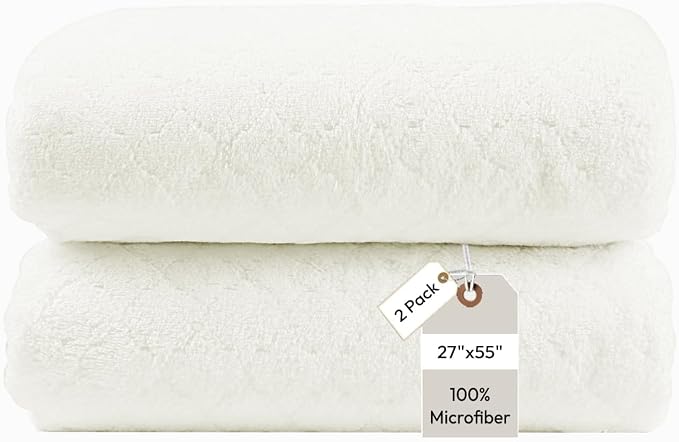 JML Bath Towels with Hanging Loop, 2 Pack, 27x55 in, Microfiber, White | Soft, Super Absorbent, Quick Dry, Lint-Free & Fade-Resistant, Lightweight Bathroom Towel for Daily Use