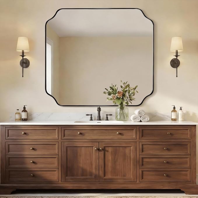36x40 Inch Bathroom Mirror, Large Black Vanity Mirror for Wall, Modern Scalloped Mirror in Premium Stainless Steel Metal Thin Frame, Unique Rounded Notched Corners, Vertically/Horizontally