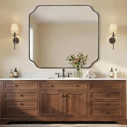 36x40 Inch Bathroom Mirror, Large Black Vanity Mirror for Wall, Modern Scalloped Mirror in Premium Stainless Steel Metal Thin Frame, Unique Rounded Notched Corners, Vertically/Horizontally