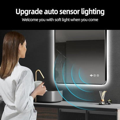 24" x 32" Black LED Mirror for Bathroom with Lights - Motion Sensor | Smart Backlit Mirror Bathroom, Anti-Fog, Stepless Dimmable & 3-Color, Metal Framed Rounded-Corner, UL-Listed, CRI≥93