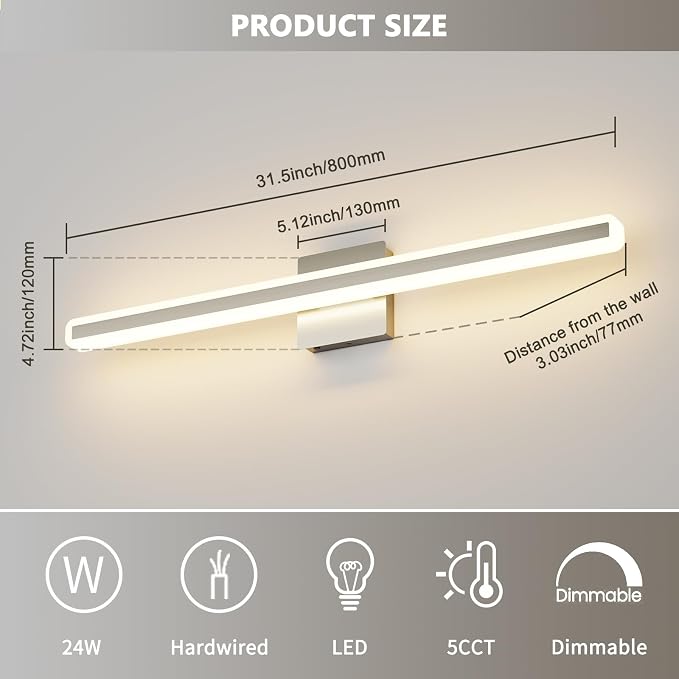 JUSHENG Brushed Nickel Vanity Lights for Bathroom, 5CCT Dimmable Vanity Light Bar, Modern LED Bathroom Lighting Fixtures Above Mirror 32'' Inch 24W