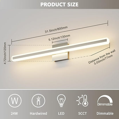 JUSHENG Brushed Nickel Vanity Lights for Bathroom, 5CCT Dimmable Vanity Light Bar, Modern LED Bathroom Lighting Fixtures Above Mirror 32'' Inch 24W