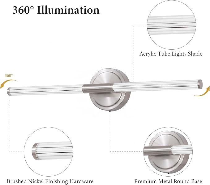 URSOLA 24" Modern LED Bathroom Light Fixtures, Brushed Nickel 3CCT Dimmable Bathroom Vanity Light Over Mirror, Bathroom Vanity Bath Bar Lights with 360° Removable Acrylic Light Tube