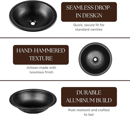 Monarch Abode Bathroom Sink – 16-Inch Rotunda Dual Mount Undermount or Drop In Bathroom Sinks, Bathrooms Hand Hammered Matte Black Aluminum Vanity Sink for Countertop, Powder Room, Bath, or Restroom