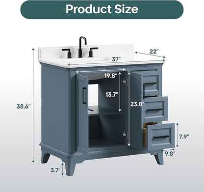 36 Inch Bathroom Vanity with Sink, Fully Assembled Bathroom Vanities with Quartz Countertop, 36 Vanity with Sink and Countertop, Soft Closing Doors & Dovetail Drawer, Steel Blue