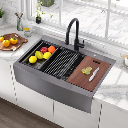 33x22 Inch Drop In Gunmetal Black Farmhouse Sink, 16 Gauge Stainless Steel Single Bowl Apron Front Workstation Farm Sink With Accessories
