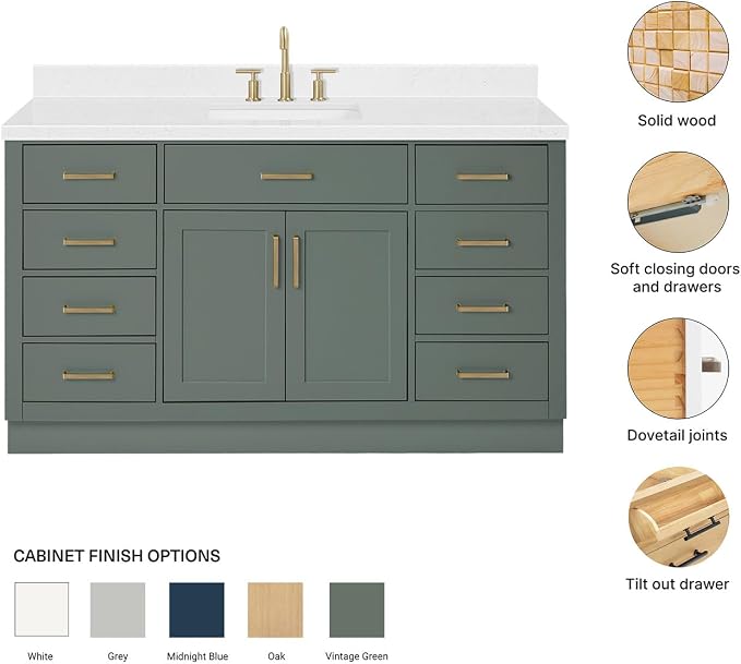 ARIEL Hepburn 60-inch Bathroom Vanity with Sink,Solid Wood, 1.5-inch Carrara White Quartz Countertop, Single Rectangular Porcelain Sink, 2 Soft Closing Doors, 9 Dovetail Drawers, Vintage Green