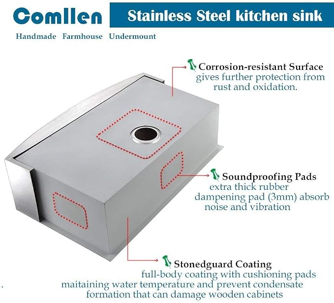 Comllen 33 Inch Farmhouse Sink, Stainless Steel Single Bowl Farm Sinks 16 Gauge 9 Inch Deep, Handmade Undermount 33 Farm Apron Front Kitchen Sink